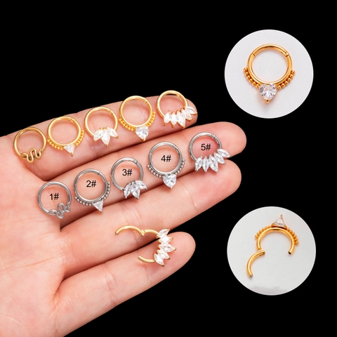 Septum Clicker Nasenring Edelstahl Kupfer Zirkon Inlay Herz Schlange Geometrisch Klappbar Nahtloser Reifenschmuck