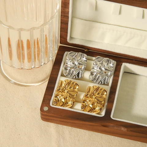 Stainless Steel Earrings 18K Gold Plated Vintage French Style Geometric Wrinkled Irregular Fashion Statement For Women