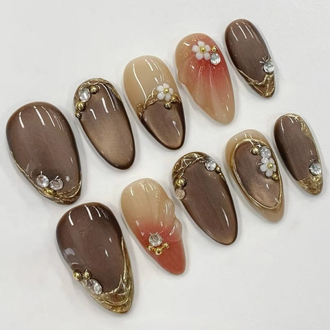 Press On Nägel 3D Blume Katzenauge Mandelform Goldrand Künstliche Perlendekor Abnehmbare Künstliche Nägel Für Frauen Elegant