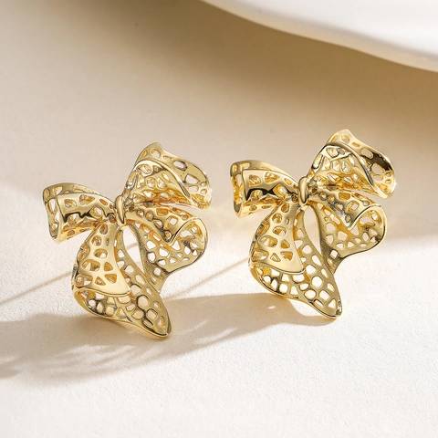Hollow Bow Stud Earrings Gold Plated Copper Filigree Minimalist Fashion Jewelry For Women