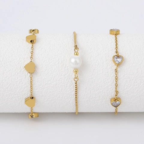 Bracciale A Cuore In Acciaio Inossidabile Da Donna Placcato Oro 18K Perla Artificial Zirconia Catena Regolabile Gioielli Eleganti