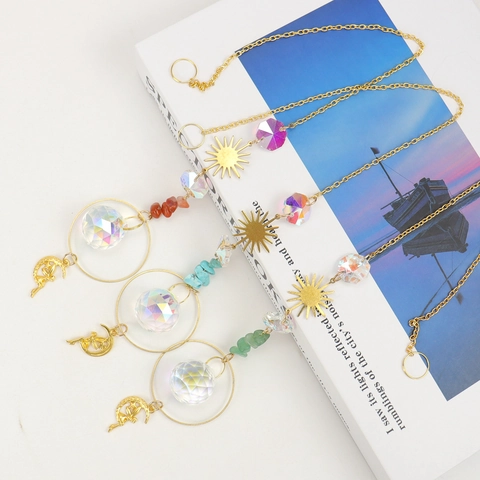 Crystal Suncatcher Hanging Ornament Gold Metal Sun Moon Fairy Natural Stone Garden Window Decor Aesthetic Healing