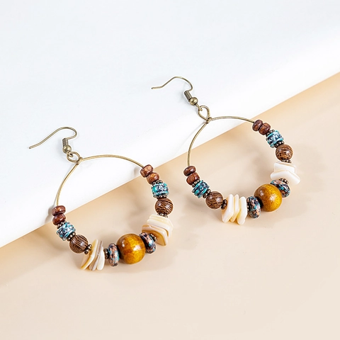 Bohemian Beaded Hoop Earrings With Wood Shell Beads And Stainless Steel Earring Post Vintage Ethnic Style For Women