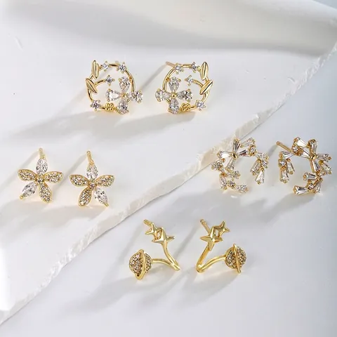 Pendientes De Cobre Diseño Floral Planeta Circonita Brillante Elegante Joyería Dulce Para Mujeres