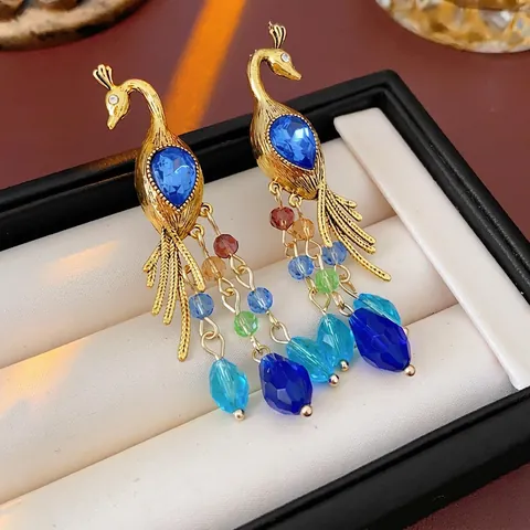 Orecchini Pendenti A Pavone Con Strass Blu E Perno In Argento Lega Vintage Perline Colorate Per Donna