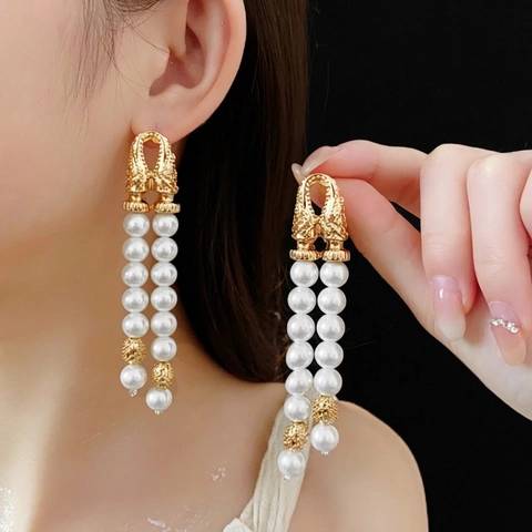 Vintage Long Tassel Earrings With Double Row Artificial Pearl And Silver Earring Post Luxury Retro Style For Women