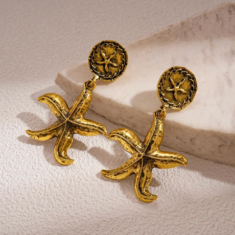 Vintage Golden Starfish Drop Earrings Alloy Textured Marine Style Jewelry With Silver Earring Post For Women
