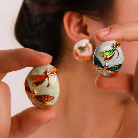Vintage Stainless Steel Dragonfly Floral Enamel Earrings For Women Asymmetric Oil Drop Rhinestone Stud Earrings Retro Jewelry