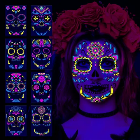 Tag Der Toten Gesicht Tattoo Aufkleber UV Neon Fluoreszierend Sugar Skull Wasserdichtes Makeup Für Halloween Party Club
