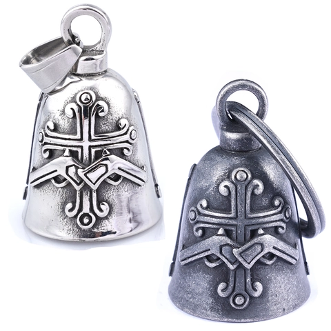 Collana Pendente Campanello Guardiano Biker Acciaio Inossidabile 316L Croce E Pistole Retro Punk Protezione Moto Uomo