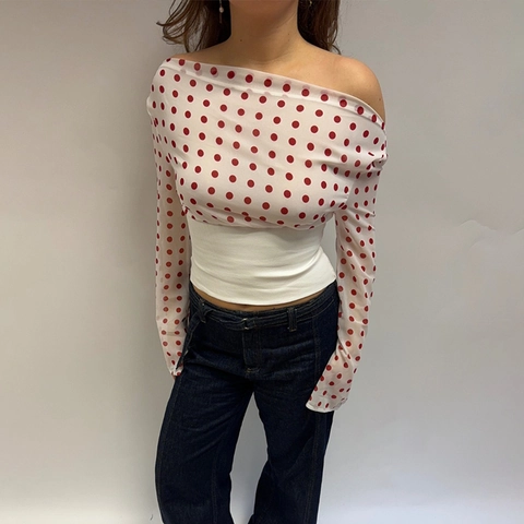 Top In Chiffon A Pois Da Donna Monospalla Manica Lunga Schiena Scoperta Sexy Slim Fit Crop Blusa Streetwear