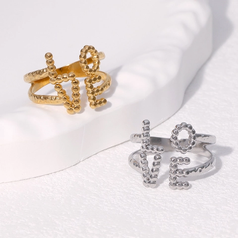 Stainless Steel LOVE Letter Open Ring Beaded Texture Adjustable Minimalist Sweet Jewelry For Women Gold Silver Color
