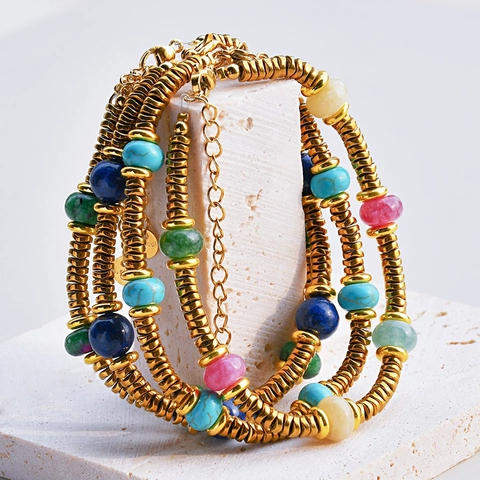 Pulsera De Cuentas De Piedra Natural Acero Inoxidable Chapado En Oro Joyas Ajustables Boho Retro Para Mujer