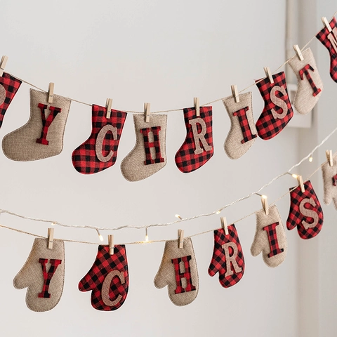 Estandarte De Navidad Guirnalda Fieltro De Lana Arpillera Buffalo Plaid Forma Calcetín Árbol Decoración De Pared Fiesta
