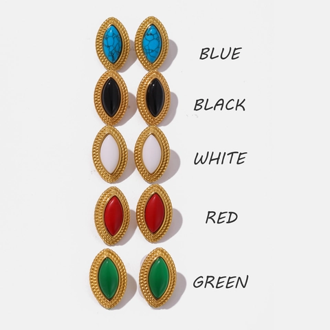 Vintage Oval Agate Earrings 18K Gold Plated Stainless Steel French Retro Waterproof Hypoallergenic Studs For Women