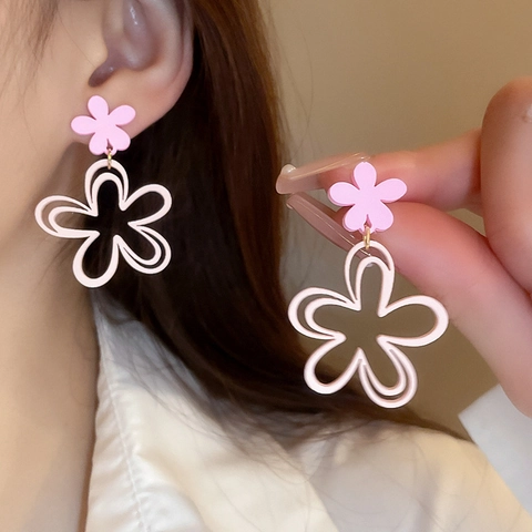 Pink Hollow Flower Dangle Earrings With Silver Earring Post Sweet Floral Fashion Jewelry For Women