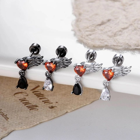 Angel Wing Ear Cartilage Stud Titanium Steel Heart Teardrop Zircon Screw Back Piercing Jewelry Gothic Style