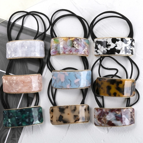 Fashion Hair Ties Square Acetate Marble Pattern Gold Alloy Frame Elastic Hair Bands Ponytail Holder Accessories For Women