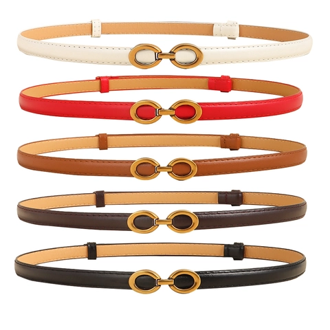 Elegant Women Thin PU Leather Belt With Gold Interlocking Buckle Stretch Waist Belt For Dress Coat Fashion Commuter Accessories