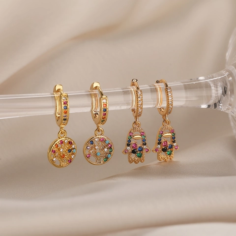 Hamsa Hand Tree Of Life Drop Hoop Earrings Copper Gold Plated Multi Color Zircon Fashion Light Luxury Jewelry Women
