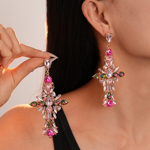 Pendientes Colgantes Cruz Barroca Con Poste De Pendiente De Plata Aleación Diamante De Imitación Joyería De Lujo Mujer