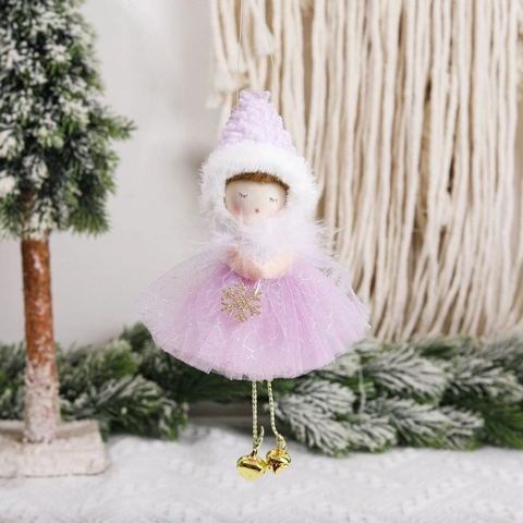 Christmas Angel Plush Girl Hanging Ornaments Mesh Skirt Knit Hat Metal Bells Xmas Tree Fairy Decor Cute Purple