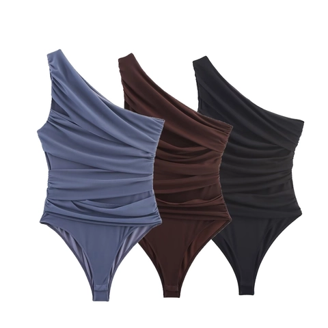 Women One Shoulder Ruched Bodysuit Mesh Asymmetric Sleeveless Summer Sexy High Cut Slim Fit Leotard Body Suit