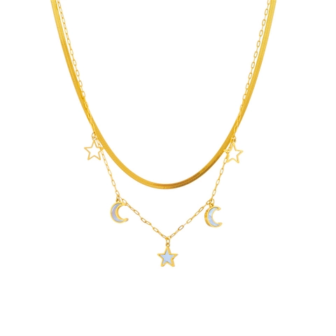 Collana A Strati Acciaio Inossidabile Pendenti Stella E Luna Placcato Oro Intarsio Madreperla Bianca Donna Elegante
