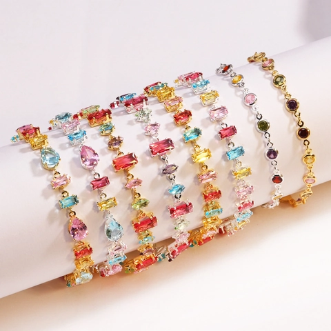 Pulsera De Circonita Colorida Cobre Chapado En Oro Cristal Arcoíris Rectángulo Redondo Ajustable Joyería Mujer