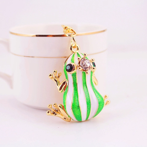 Süßer Frosch Kristall Strass Schlüsselanhänger Zinklegierung Grün Weiß Gestreift Emaille Tier Schlüsselring Tasche Charme Damen Schmuck