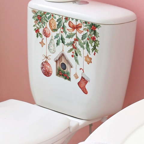 Pegatina De Pared De Navidad PVC Impermeable Acuarela Bayas De Acebo Casita De Pájaros Calcomanía Para Inodoro