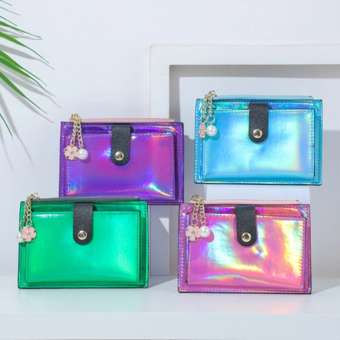 Holographic Laser PU Card Holder Multi Slot Zipper Coin Purse With Flower Artificial Pearl Pendant Sweet Snap Wallet For Women