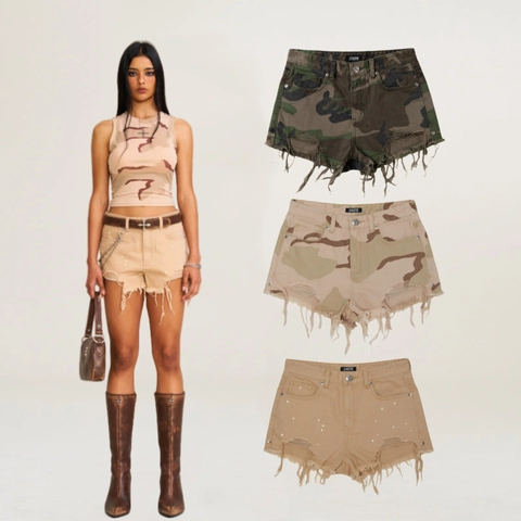 Women Camouflage Denim Shorts Cotton High Waist Distressed Ripped Frayed Hem Multi Pockets Streetwear Casual American Retro