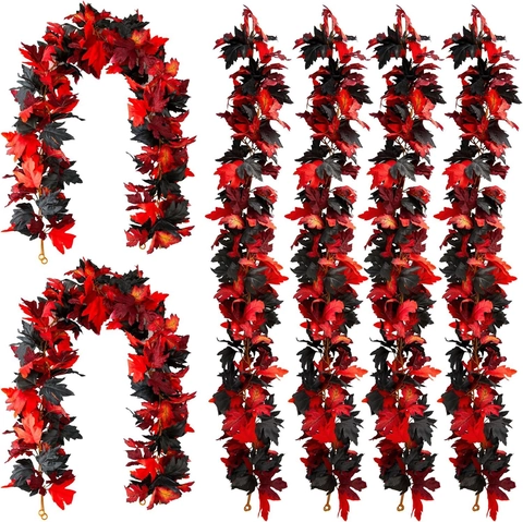 Artificial Halloween Maple Leaf Garland Black Red Orange Silk Vine Rattan For Indoor Fall Thanksgiving Home Party Decor