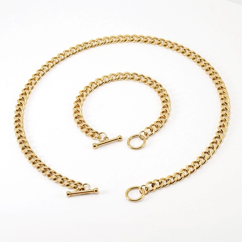 Cuban Link Kette Armband Halskette Edelstahl 18K Vergoldet OT Verschluss T-Bar Hip Hop Minimalistischer Schmuck
