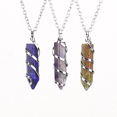 Hexagonal Column Pendant Necklace With Natural Crystal Stone Spiral Metal Wire Wrap Vintage Ethnic Jewelry For Women