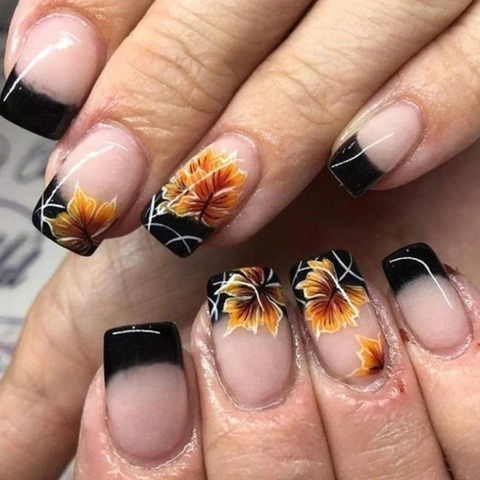 Press On Nails Black French Tip Maple Leaf Autumn Square Medium Length Fake Nails For Women Detachable