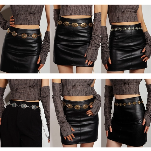 Vintage Bohemian Metal Waist Chain For Women Antique Gold Silver Artificial Stone Inlay Sunburst Bull Head Link Belt Punk Jewelry