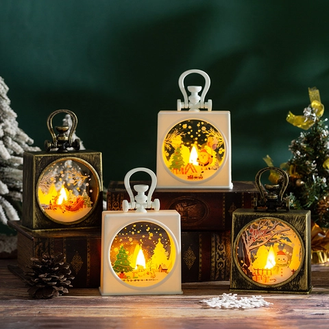 Weihnachtsdekorationslaterne LED Nachtlicht Retro Handlampe Weihnachtsmann Schneemann Szene Feiertag Tischdeko Kunststoff Glas