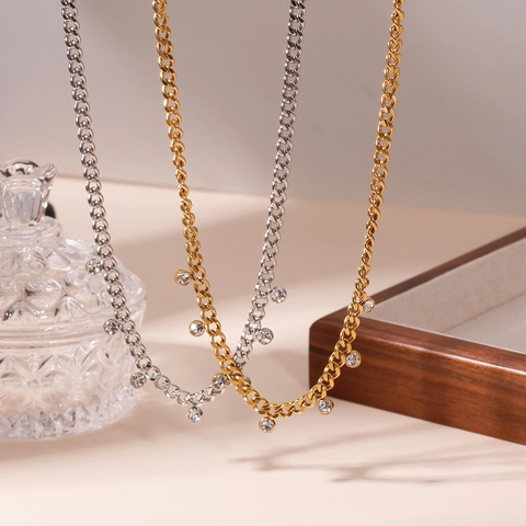 Titanium Staal 18K Verguld Cubaanse Schakelketting Met Ronde Strass Hangers Voor Vrouwen Vintage Sieraden