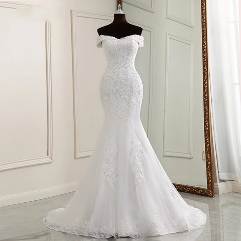 Off The Shoulder Mermaid Wedding Dress White Lace Embroidery Sequin Floor Length Bridal Gown For Women
