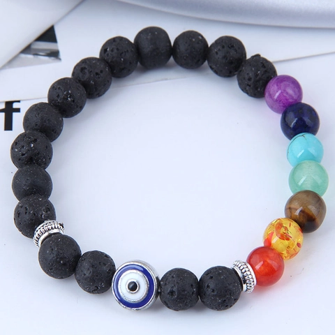 7 Chakra Lavastein Vulkanstein Armband Legierung Tieranhänger Heilung Ethnische Perlen Elastischer Schmuck