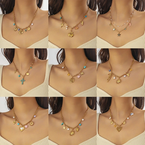Collana con Ciondolo in Acciaio Inossidabile Oro Bohemian Sole Stella Marina Cuore Farfalla Perla Artificiale Strass Gioielli da Donna