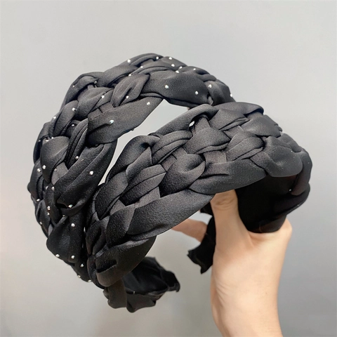 Satin Braided Headband Wide Twisted Hair Band With Rhinestones Elegant Solid Color Headwear For Women