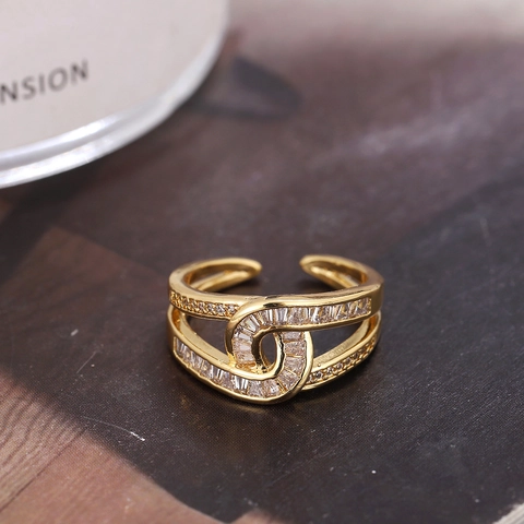 Elegant Zircon Adjustable Ring Double Layer Copper Geometric Gold Plated Luxury Statement Jewelry For Women