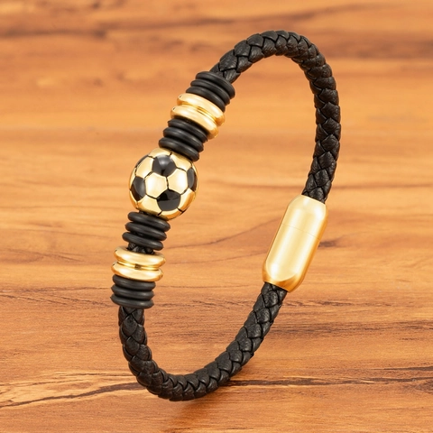 Football Bracelet Woven Leather Rope Stainless Steel Soccer Charm Magnetic Clasp Sports Jewelry For Men Boys