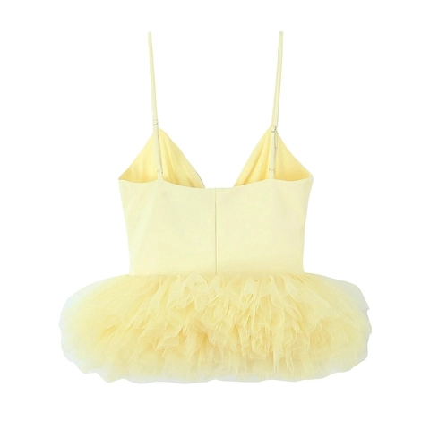 Yellow Tulle Puffy Hem Camisole Top For Women V Neck Multi Layer Mesh Polyester Elegant Sweet Summer Sexy Tank Top