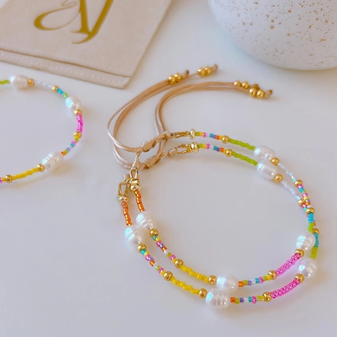 Bohemian Freshwater Pearl Beaded Bracelet Colorful Glass Seed Beads Gold Plated Copper Adjustable Cord For Women Handmade