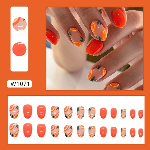 Faux Ongles À Presser Pamplemousse D Été Design Fruit Orange Rouge Forme Ovale Courte Plastique Artificiels Pour Femmes