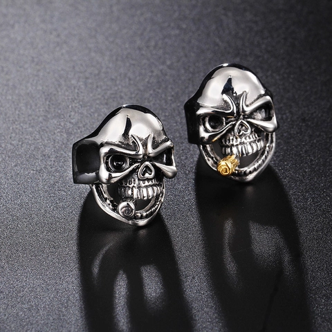 Mens Skull Ring Stainless Steel Punk Rock Hip Hop Gothic Jewelry With Gold Pipe Detail Vintage Biker Style